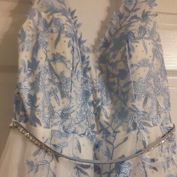 White Prom Dress with Blue Flower Embroidery - Picture 4 of 6